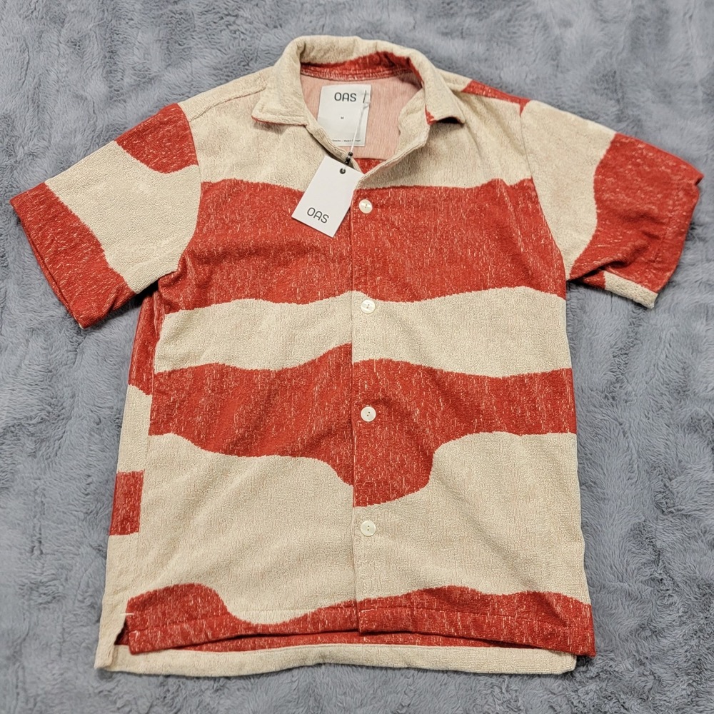 OAS Shirt Mens Medium Beige Striped Amber Dune Cuba Terry Camp Short Sleeve